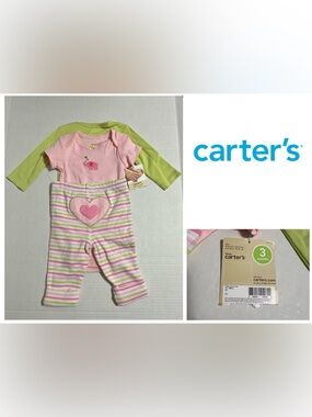 🆕CARTER’S - 3M - NWT - INFANT GIRLS 3PC PINK GREEN STRIPE SET
